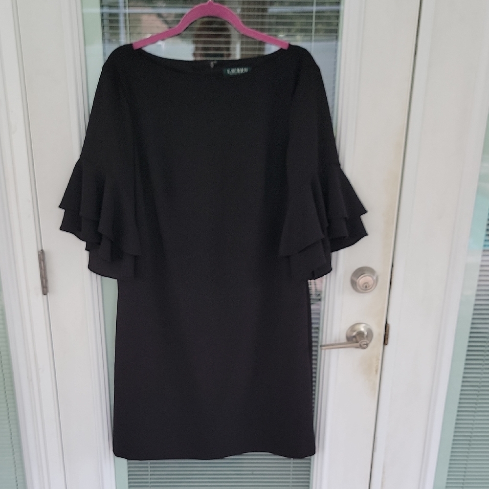 Lauren Ralph Lauren Ruffle Sleeve Shift Dress Back Zip Eye Hook Closure Sz 16